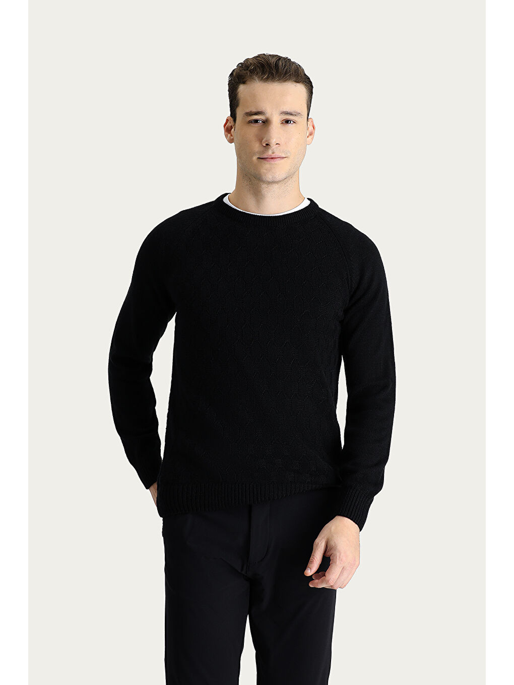 Siyah Bisiklet Yaka Regular Fit Desenli Triko Kazak-3