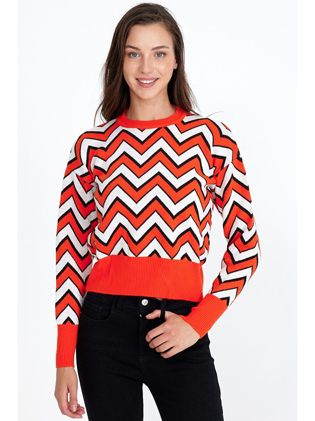 Turuncu Kadın Oversize Leopar Desenli Kazak