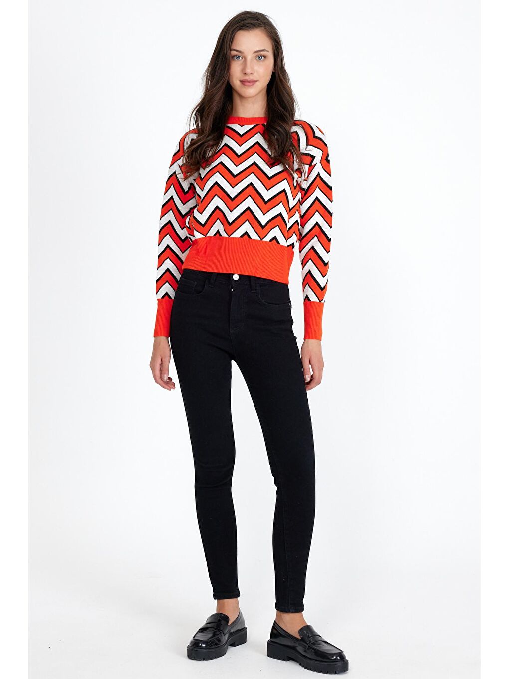 Turuncu Kadın Oversize Leopar Desenli Kazak-1