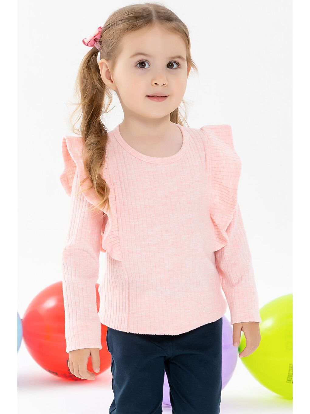Pembe Kız Çocuk Uzun Kollu Bluz Omuzu Fırfırlı Somon Melanj (1.5-5 Yaş)-1