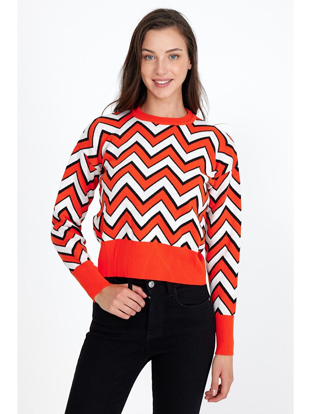 Turuncu Kadın Oversize Leopar Desenli Kazak-2