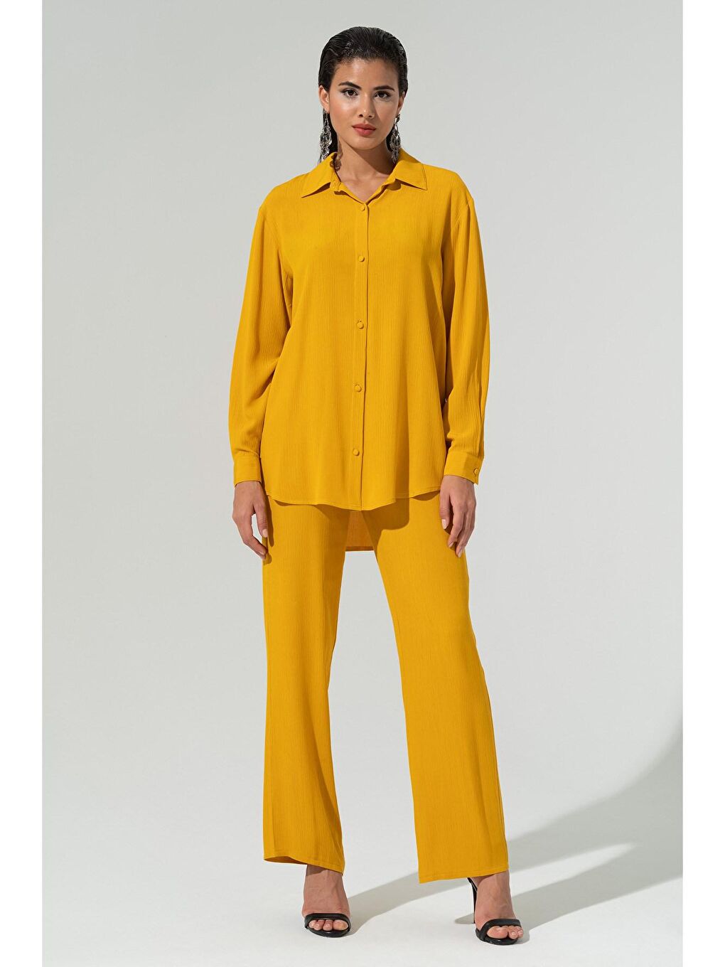 Sarı 3'lü Viskon Krinkıl Bustiyerli Hardal Takım-1