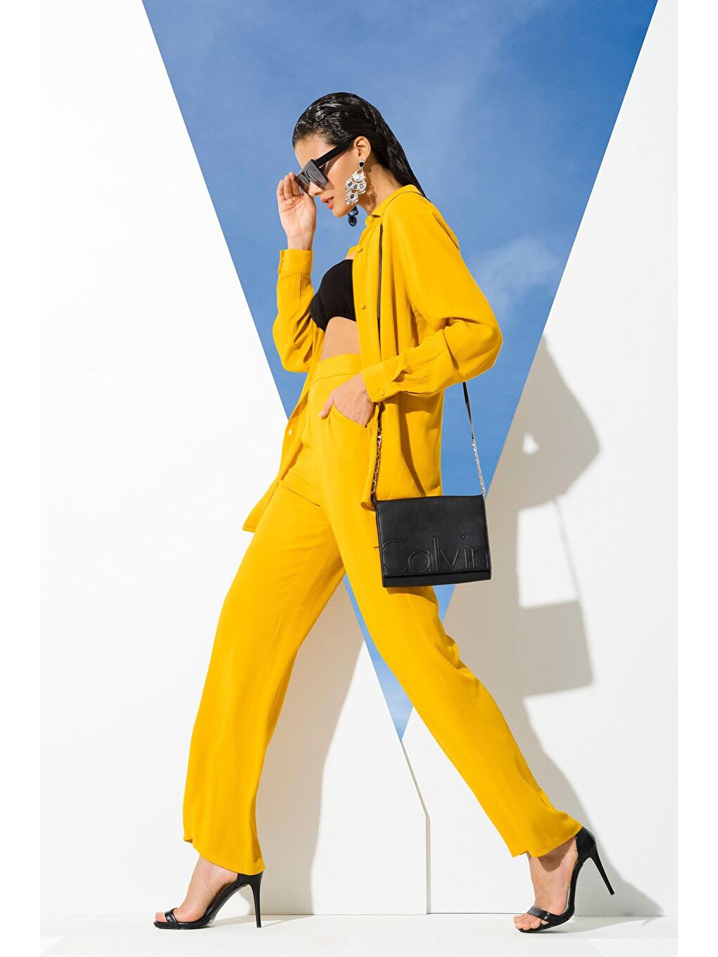 Sarı 3'lü Viskon Krinkıl Bustiyerli Hardal Takım-2