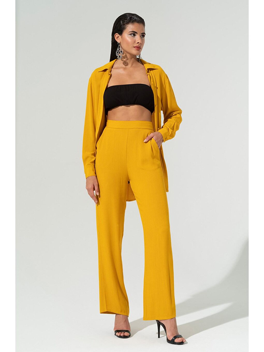 Sarı 3'lü Viskon Krinkıl Bustiyerli Hardal Takım-3