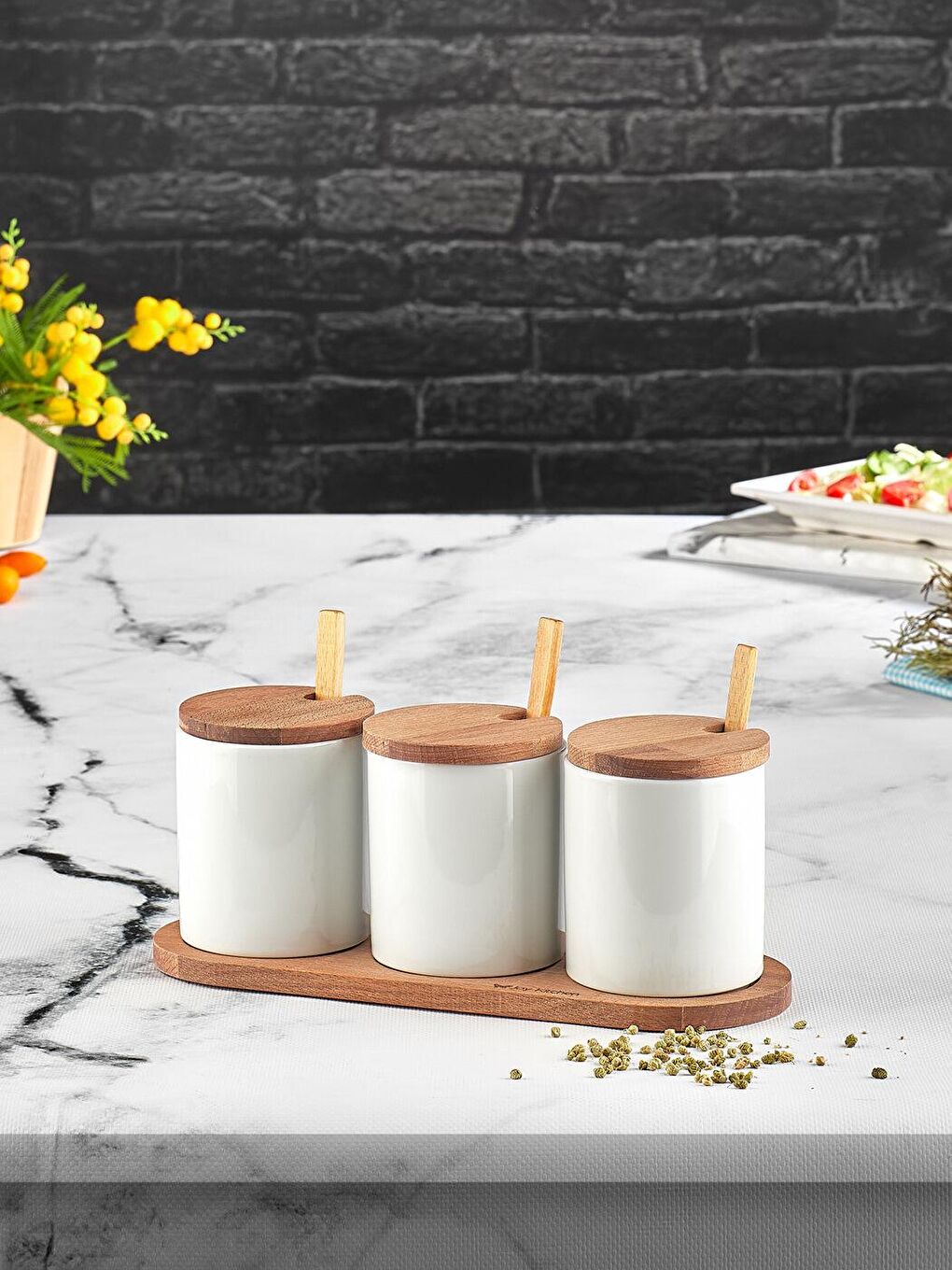 Karışık Freya 3'lü Baharatlık Takımı Seti Ahşap Stantlı