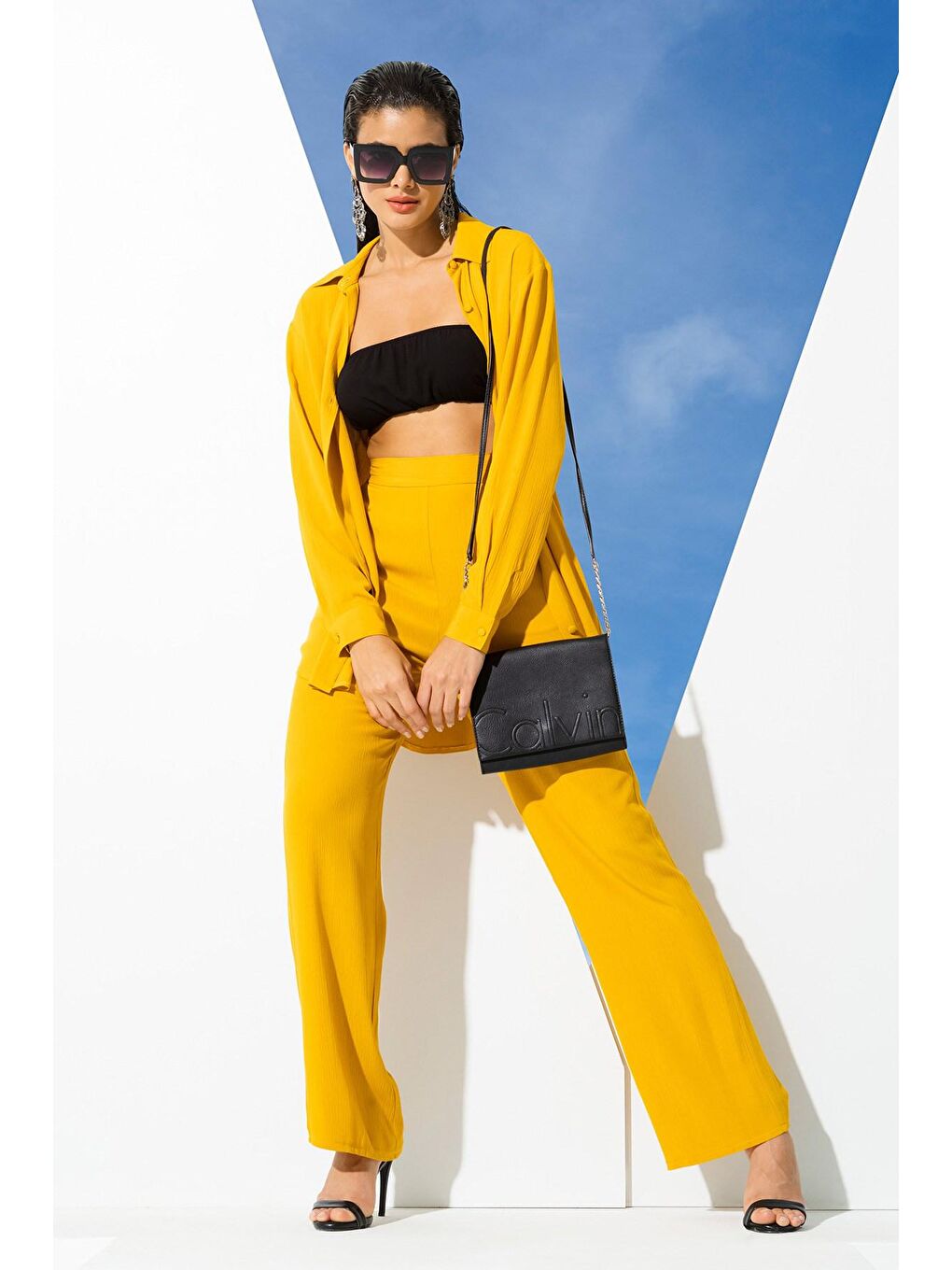 Sarı 3'lü Viskon Krinkıl Bustiyerli Hardal Takım-4