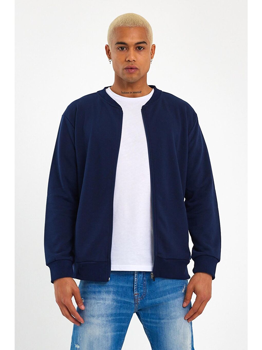 Lacivert Kalın Floda Cepli Regular Fit Erkek Fermuarlı Sweatshirt SPR 20K63