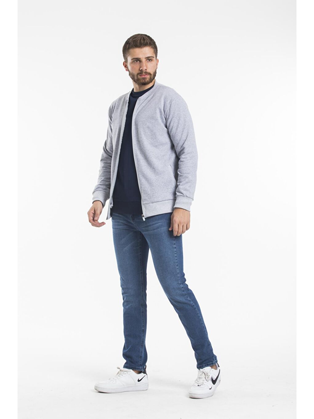 Gri Kalın Floda Cepli Regular Fit Erkek Fermuarlı Sweatshirt SPR 20K63