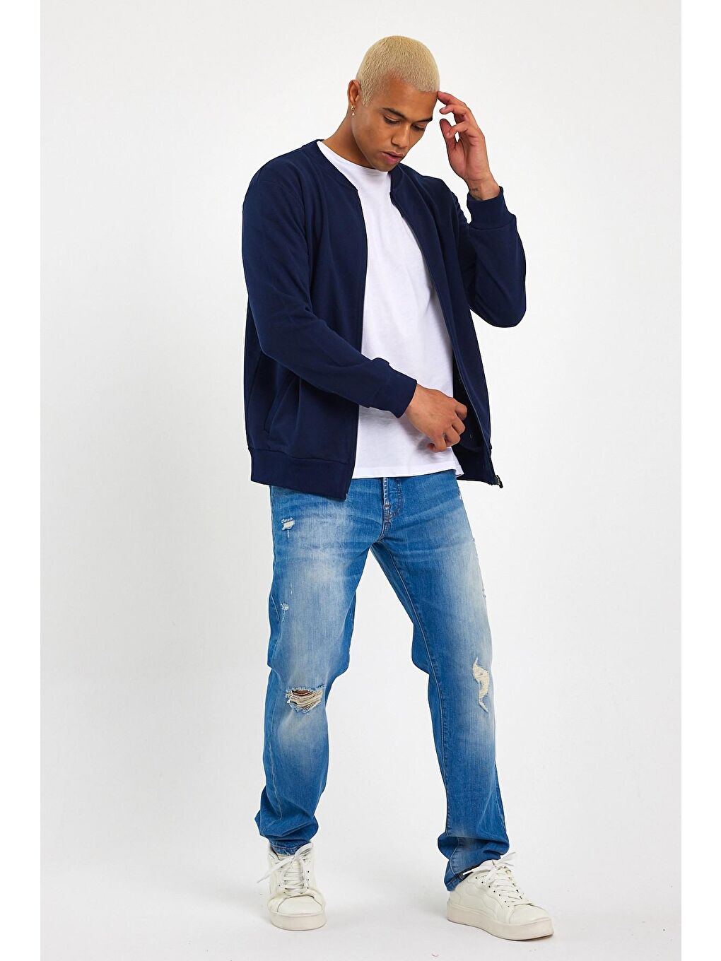 Lacivert Kalın Floda Cepli Regular Fit Erkek Fermuarlı Sweatshirt SPR 20K63-1