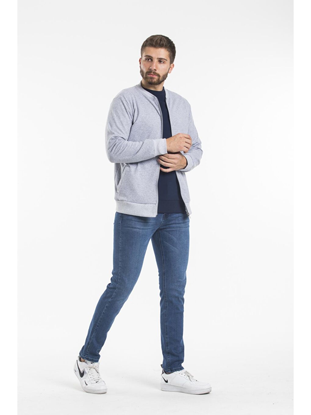 Gri Kalın Floda Cepli Regular Fit Erkek Fermuarlı Sweatshirt SPR 20K63-1