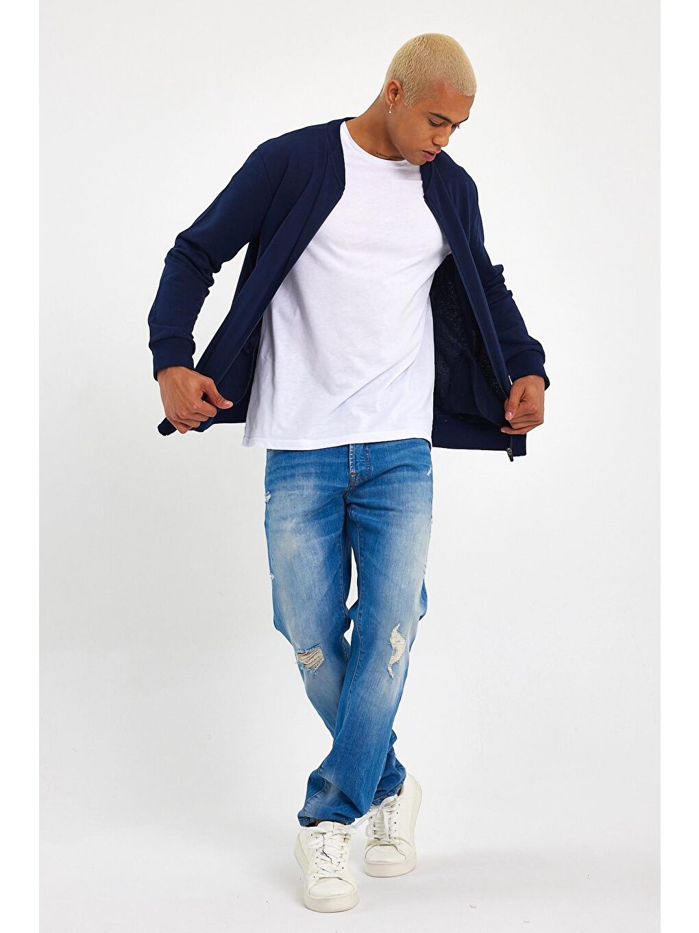 Lacivert Kalın Floda Cepli Regular Fit Erkek Fermuarlı Sweatshirt SPR 20K63-2