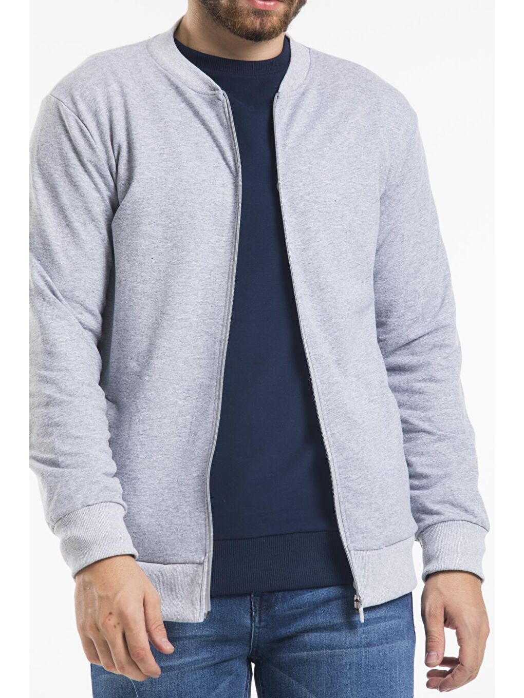 Gri Kalın Floda Cepli Regular Fit Erkek Fermuarlı Sweatshirt SPR 20K63-2