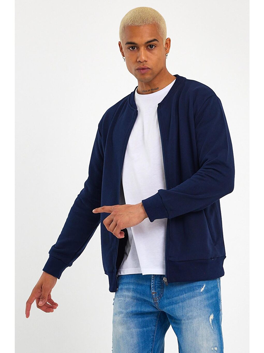 Lacivert Kalın Floda Cepli Regular Fit Erkek Fermuarlı Sweatshirt SPR 20K63-3