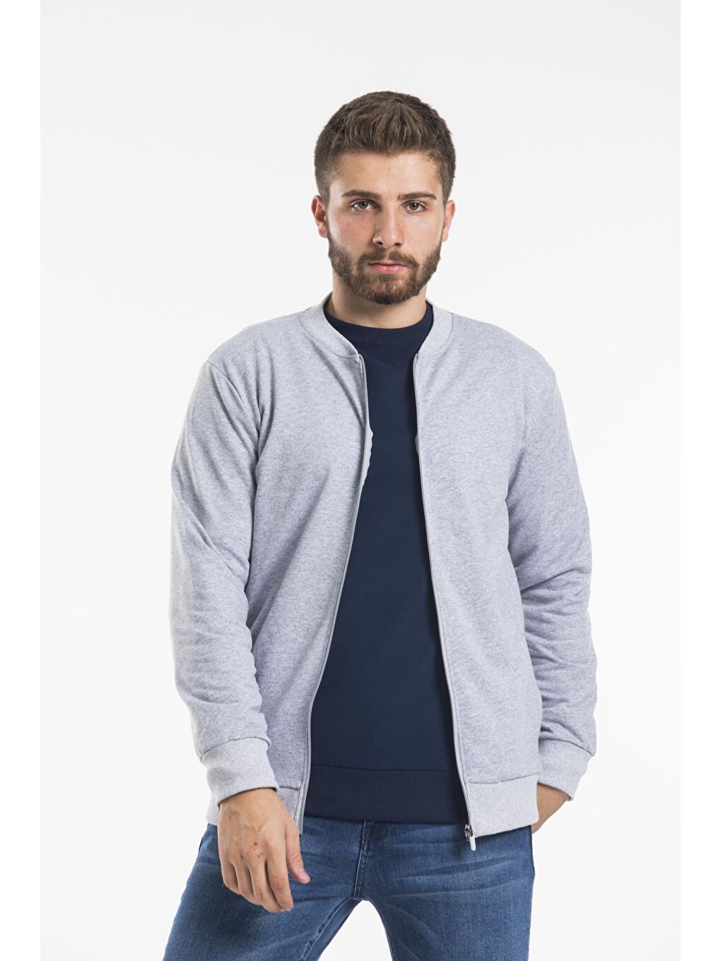Gri Kalın Floda Cepli Regular Fit Erkek Fermuarlı Sweatshirt SPR 20K63-3