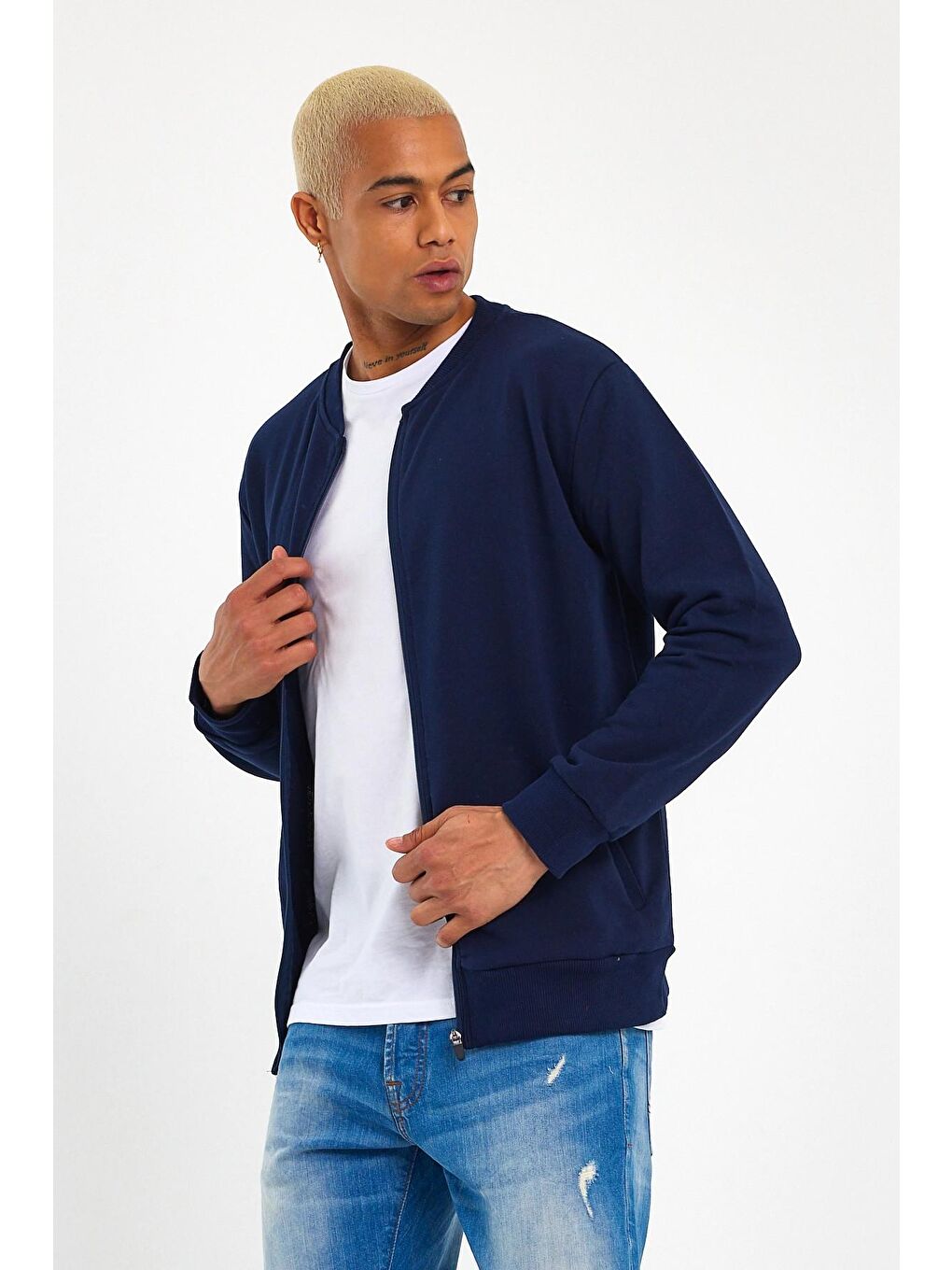 Lacivert Kalın Floda Cepli Regular Fit Erkek Fermuarlı Sweatshirt SPR 20K63-4