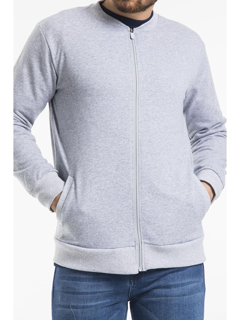Gri Kalın Floda Cepli Regular Fit Erkek Fermuarlı Sweatshirt SPR 20K63-4