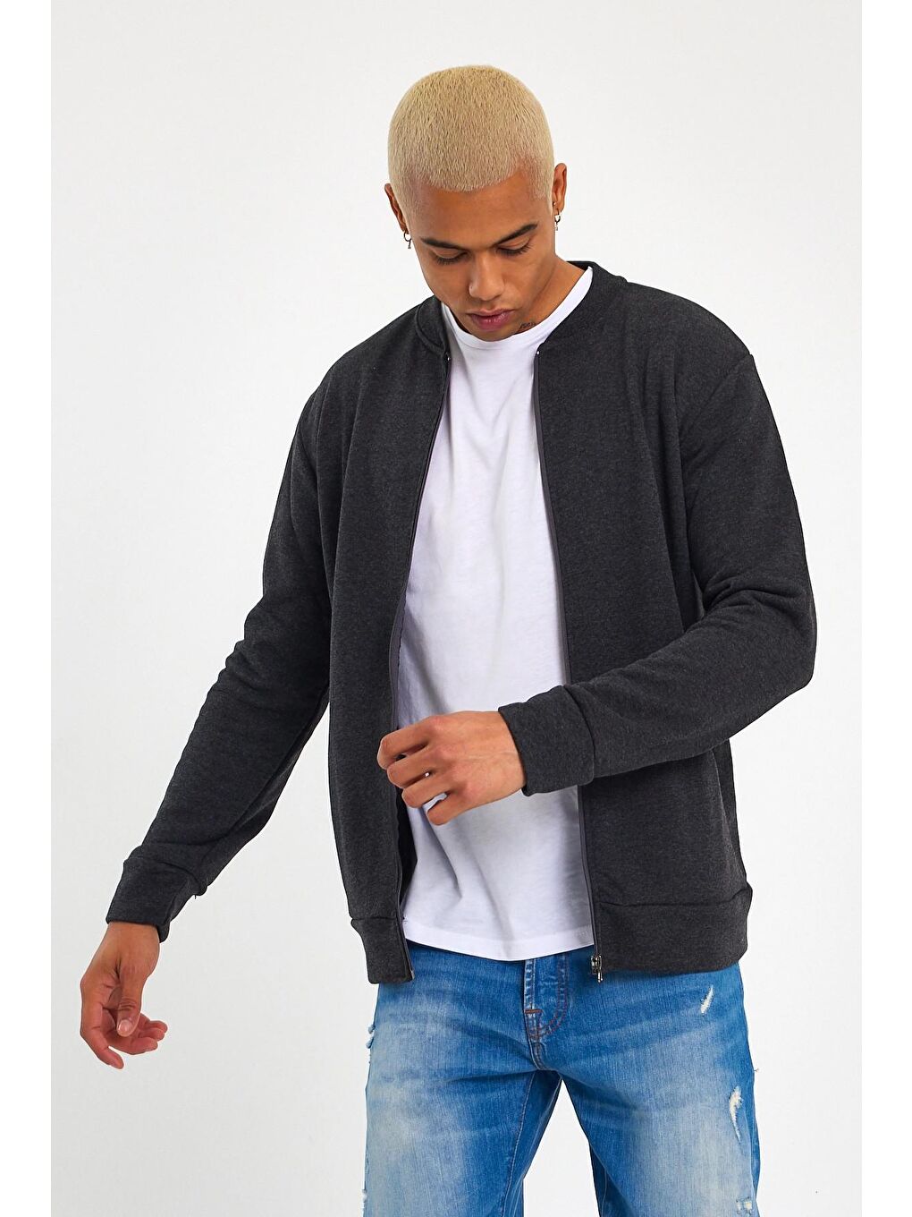 Antrasit Kalın Floda Cepli Regular Fit Erkek Fermuarlı Sweatshirt Hırka SPR 20K63-1
