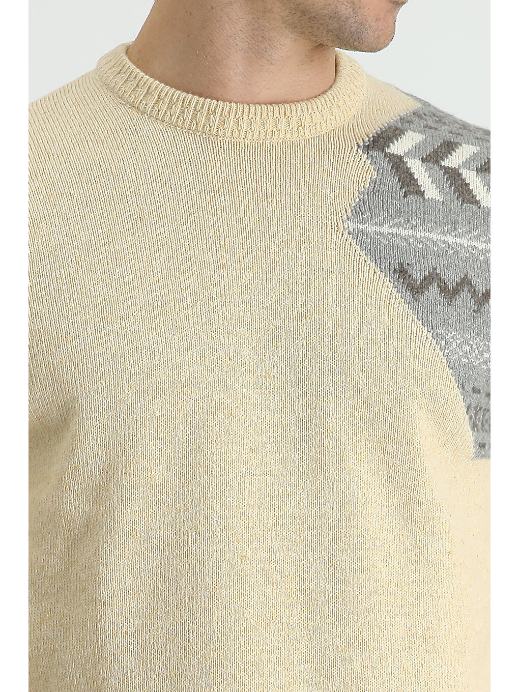 Bej Bisiklet Yaka Desenli Yünlü Slim Fit Dar Kesim Triko Kazak-3