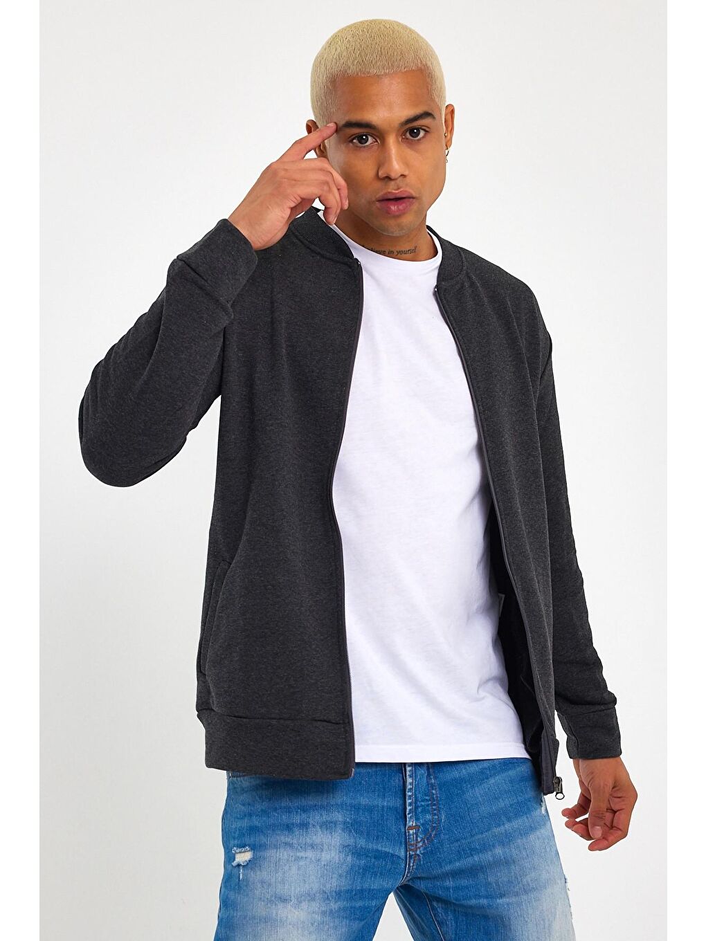 Antrasit Kalın Floda Cepli Regular Fit Erkek Fermuarlı Sweatshirt Hırka SPR 20K63-3