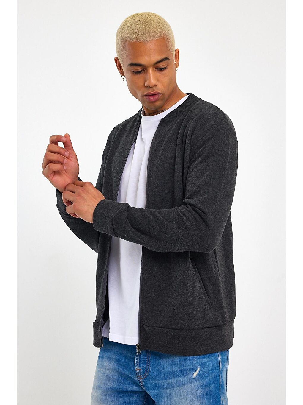 Antrasit Kalın Floda Cepli Regular Fit Erkek Fermuarlı Sweatshirt Hırka SPR 20K63-4