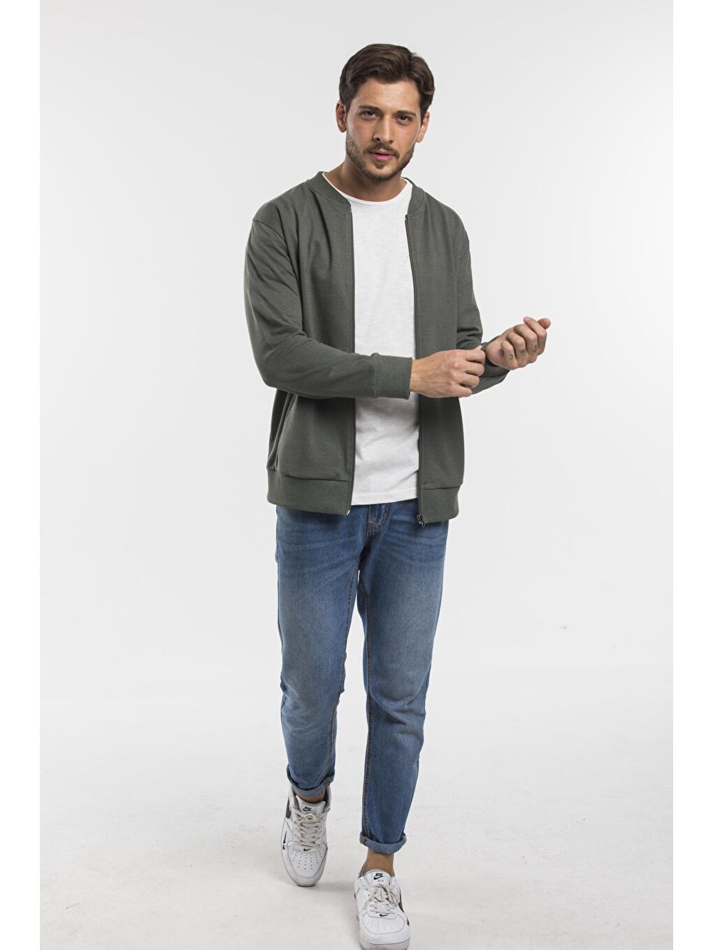 Haki Kalın Floda Cepli Regular Fit Erkek Fermuarlı Sweatshirt Hırka SPR 20K63