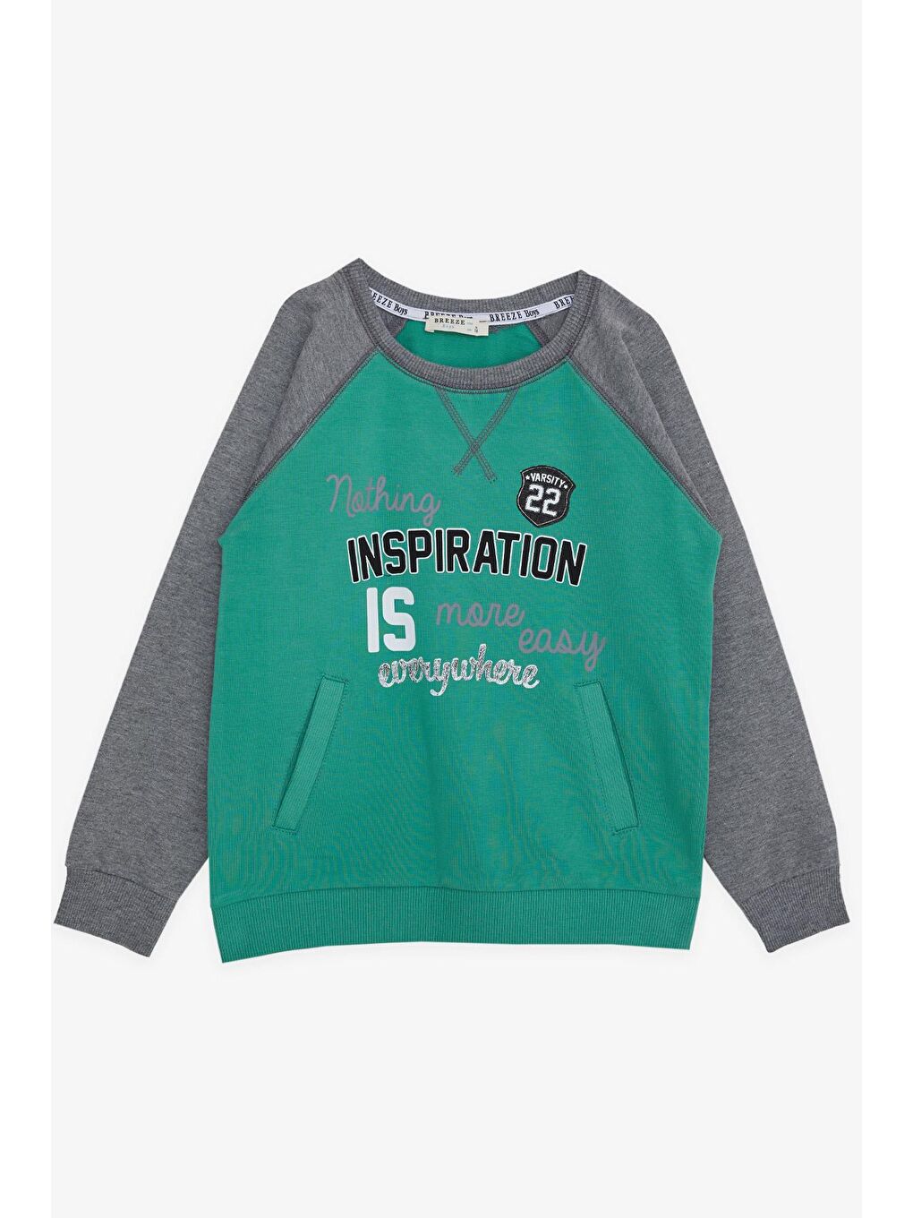 Turkuaz Erkek Çocuk Sweatshirt Yazı Baskılı Cepli Mint Yeşili (5-10 Yaş)