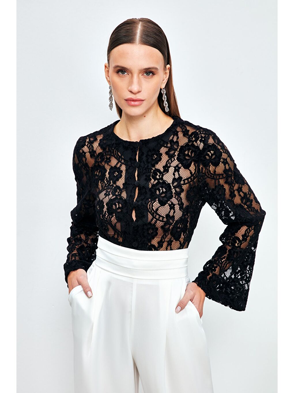 Dantelli Crop Bluz - Siyah-1