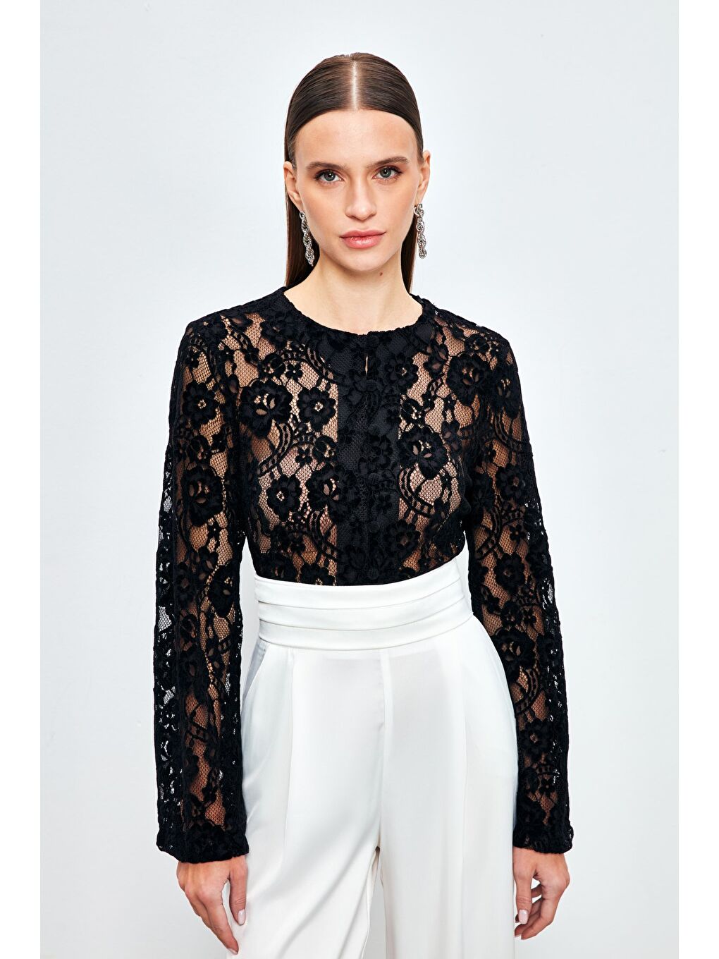 Dantelli Crop Bluz - Siyah-2