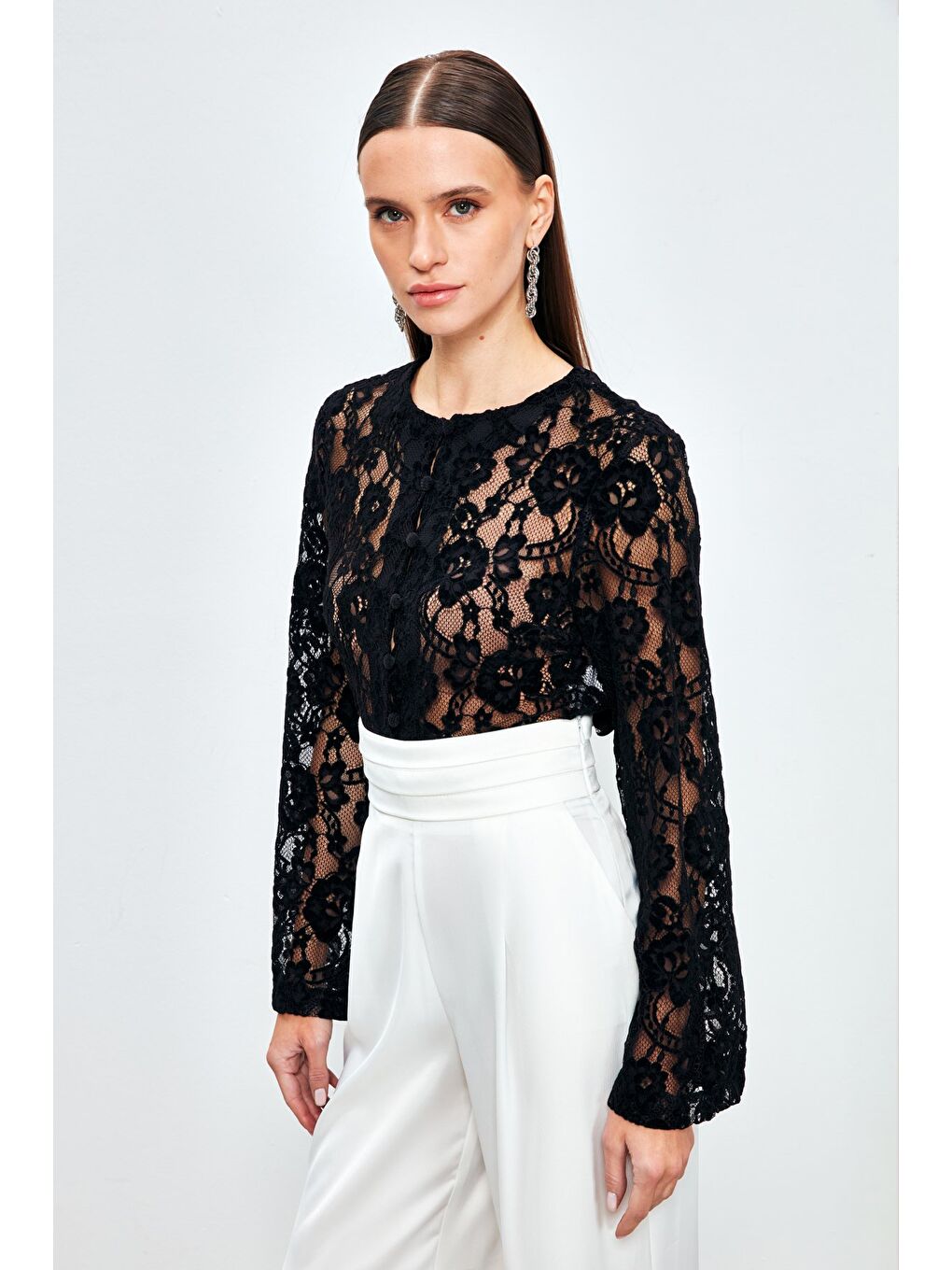 Dantelli Crop Bluz - Siyah-3