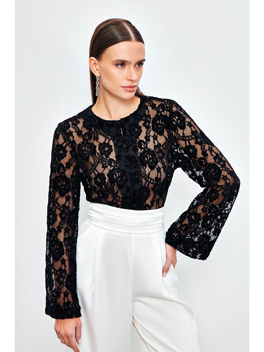 Dantelli Crop Bluz - Siyah-4