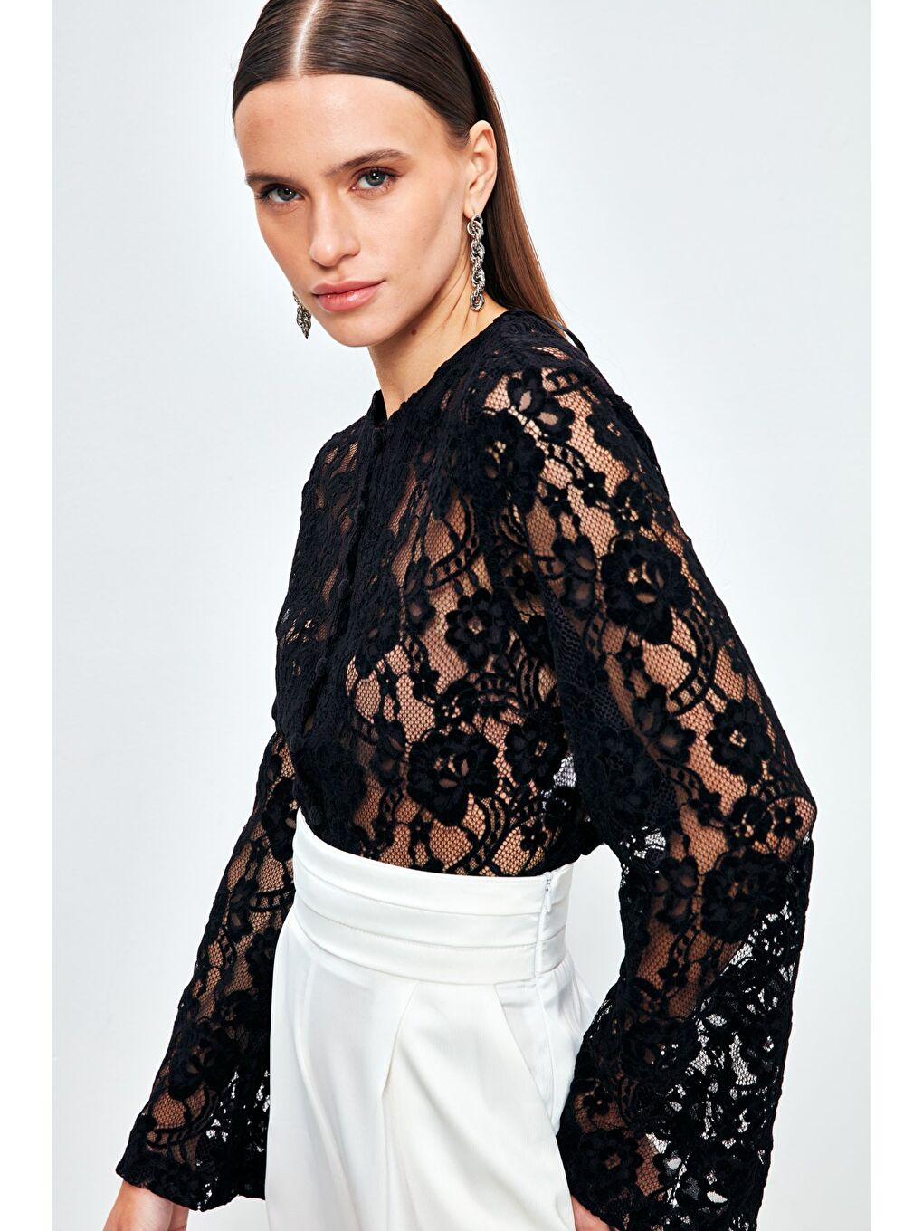 Dantelli Crop Bluz - Siyah-5