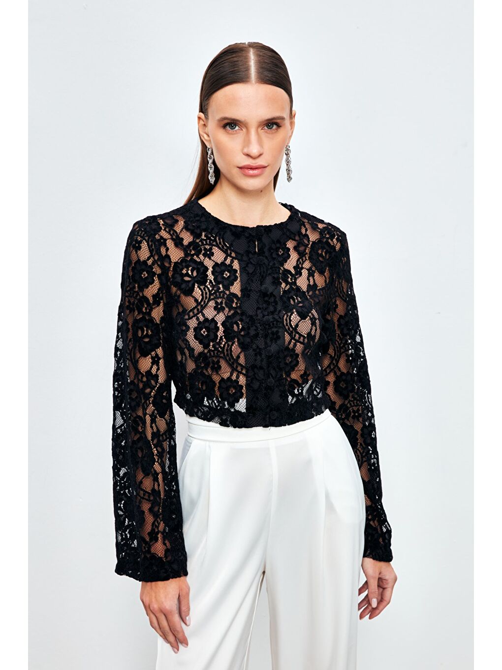 Dantelli Crop Bluz - Siyah-6