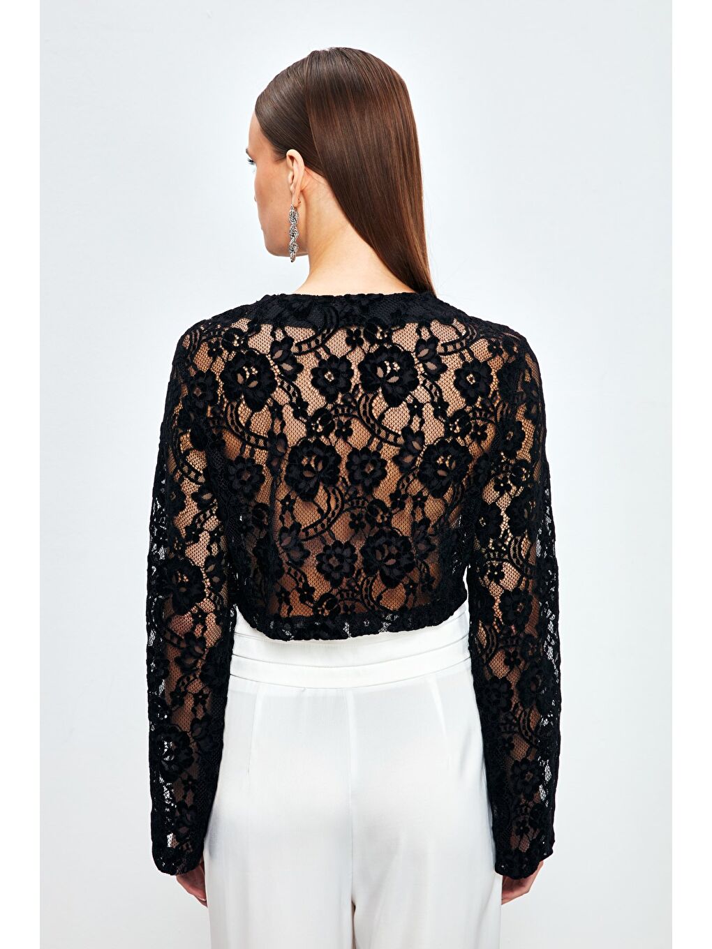 Dantelli Crop Bluz - Siyah-7