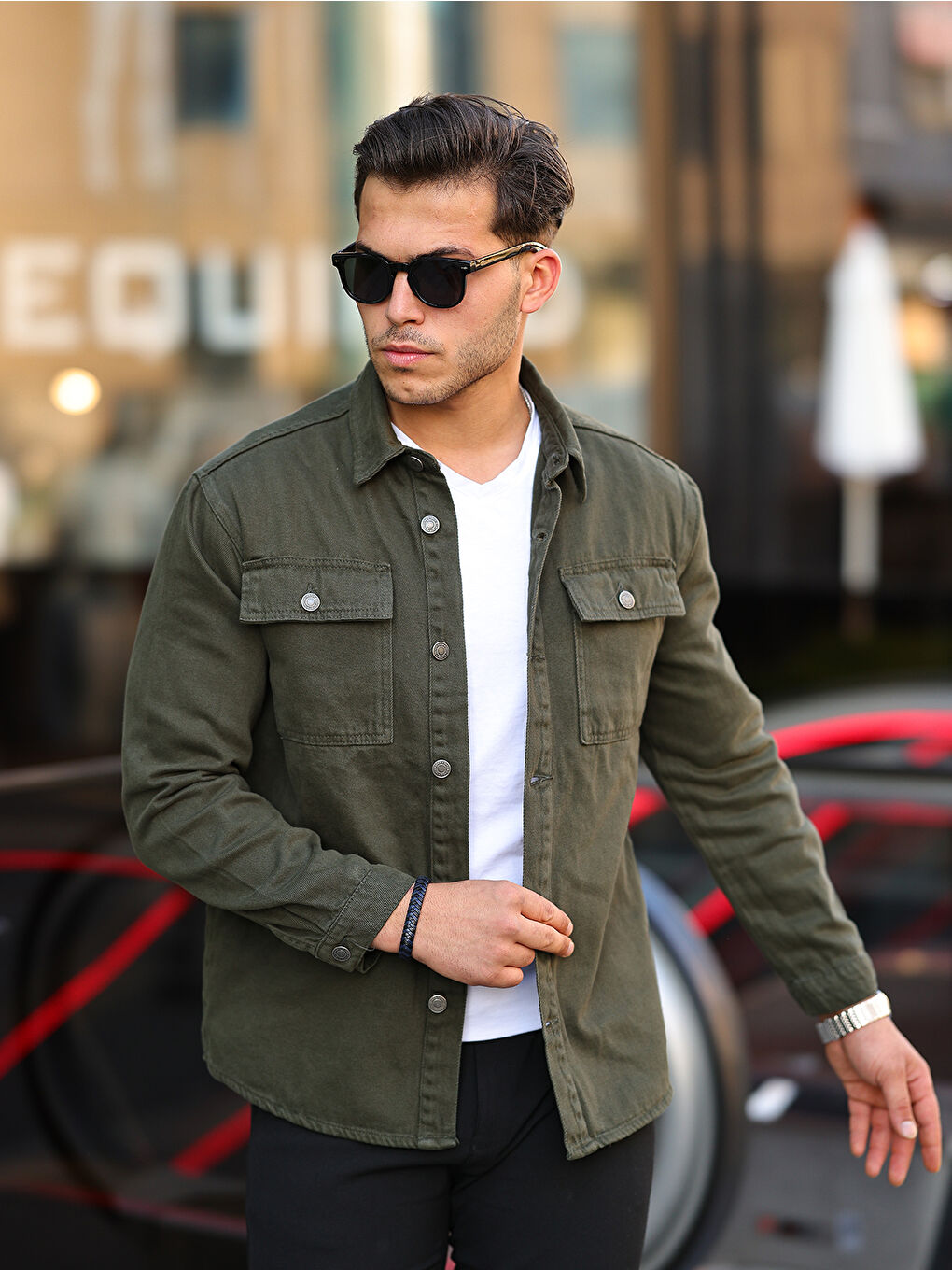 Haki Erkek Oversize Geniş Kesim Denim Çift Cep Ceket Jean Gömlek