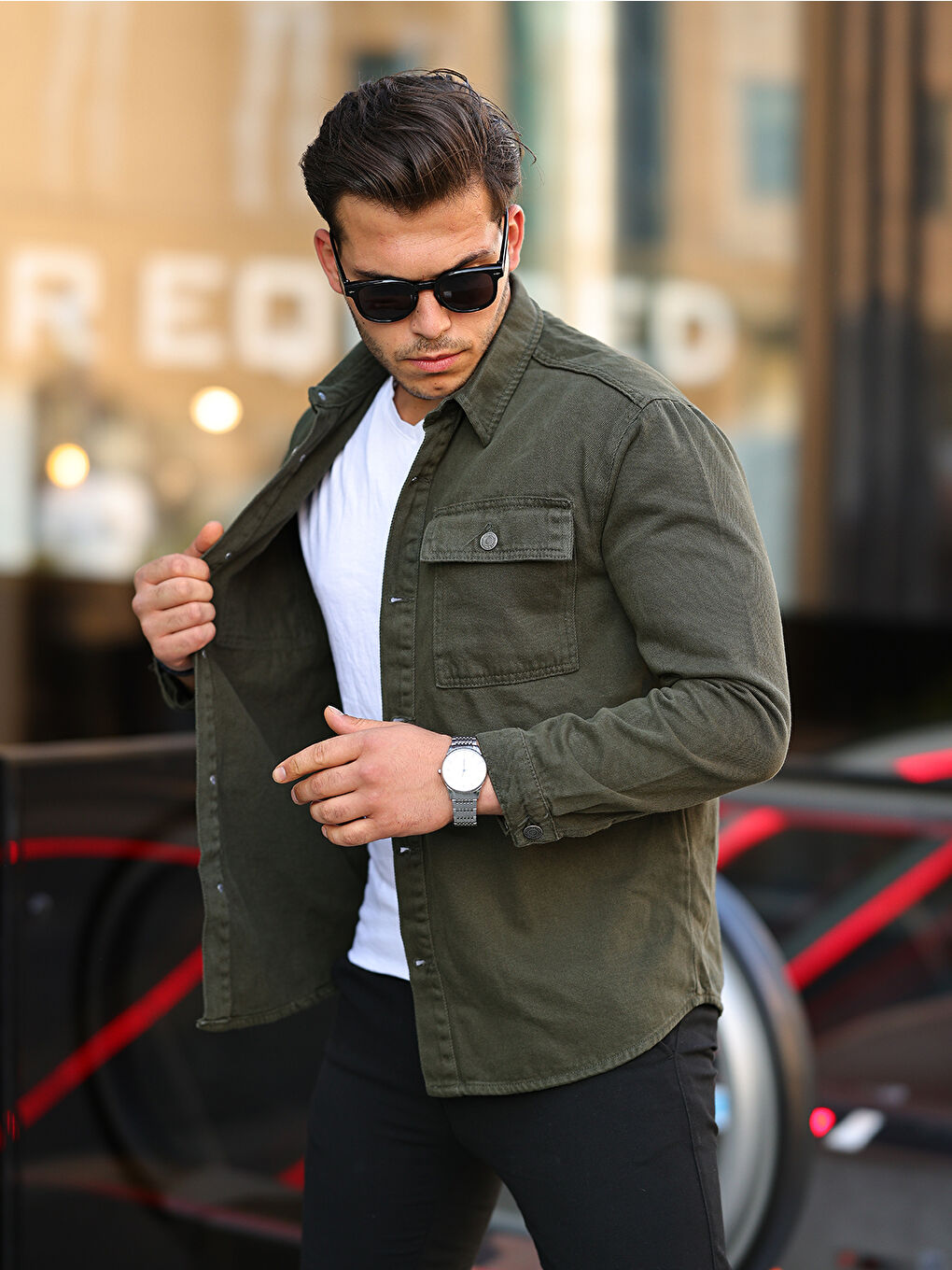 Haki Erkek Oversize Geniş Kesim Denim Çift Cep Ceket Jean Gömlek-1