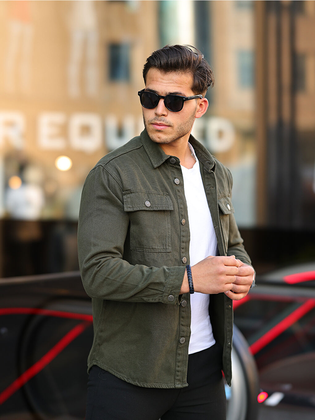 Haki Erkek Oversize Geniş Kesim Denim Çift Cep Ceket Jean Gömlek-2