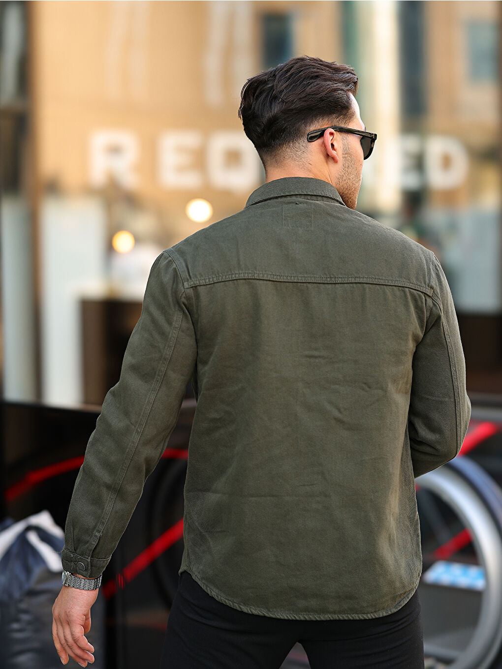 Haki Erkek Oversize Geniş Kesim Denim Çift Cep Ceket Jean Gömlek-3