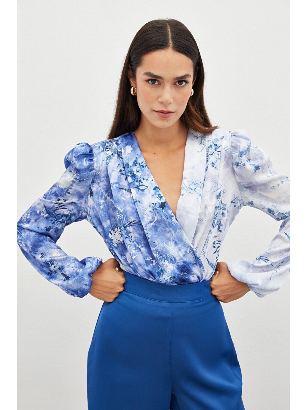 Çiçek Desenli Bodysuit Bluz - İndigo