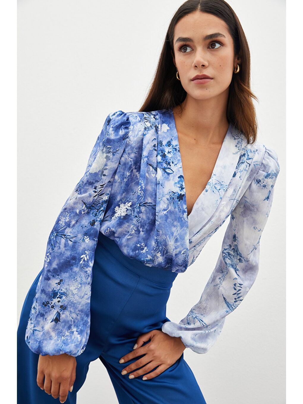 Çiçek Desenli Bodysuit Bluz - İndigo-1