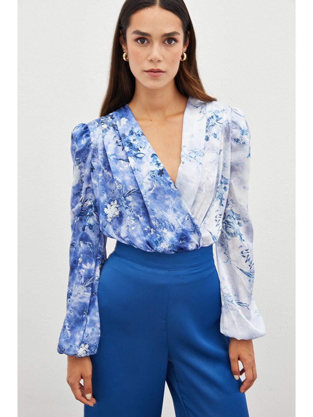 Çiçek Desenli Bodysuit Bluz - İndigo-3