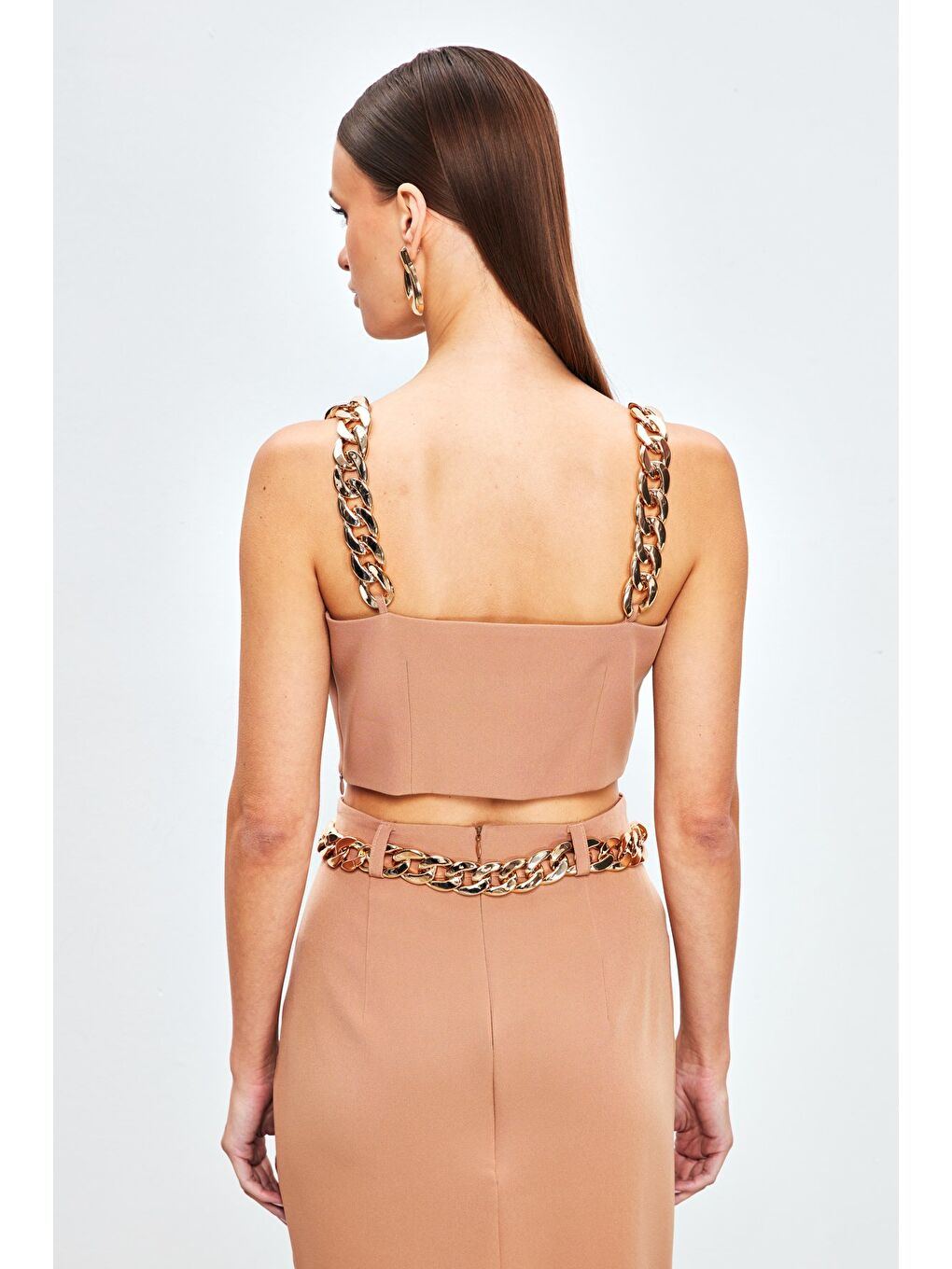 Kahverengi Gold Zincir Askılı Crop Bluz - Camel-3