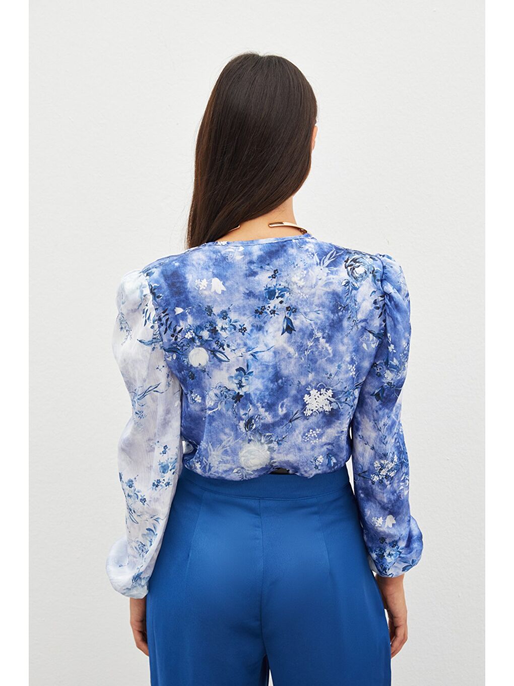 Çiçek Desenli Bodysuit Bluz - İndigo-6