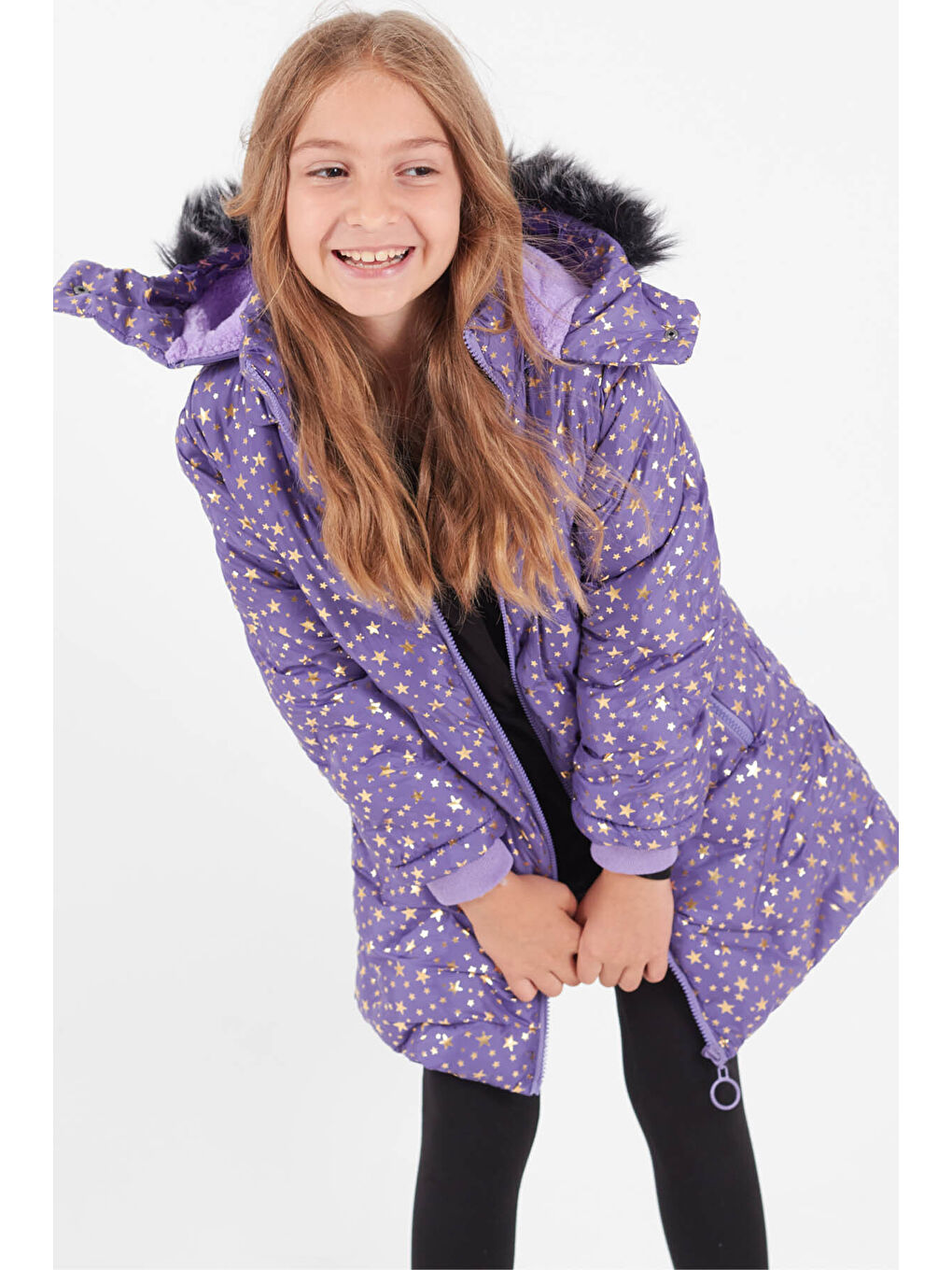 Yeşil Kız Çocuk Mont Yıldız Desenli Kapüşonlu Şişme Mont 14535