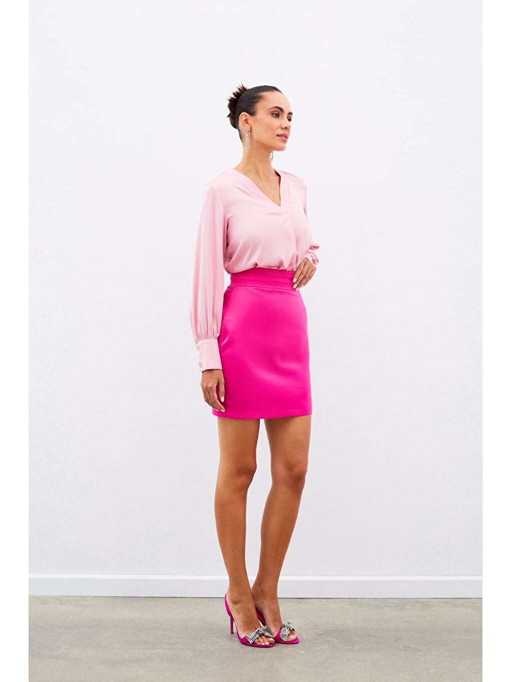 V Yaka Saten Bluz - Pembe