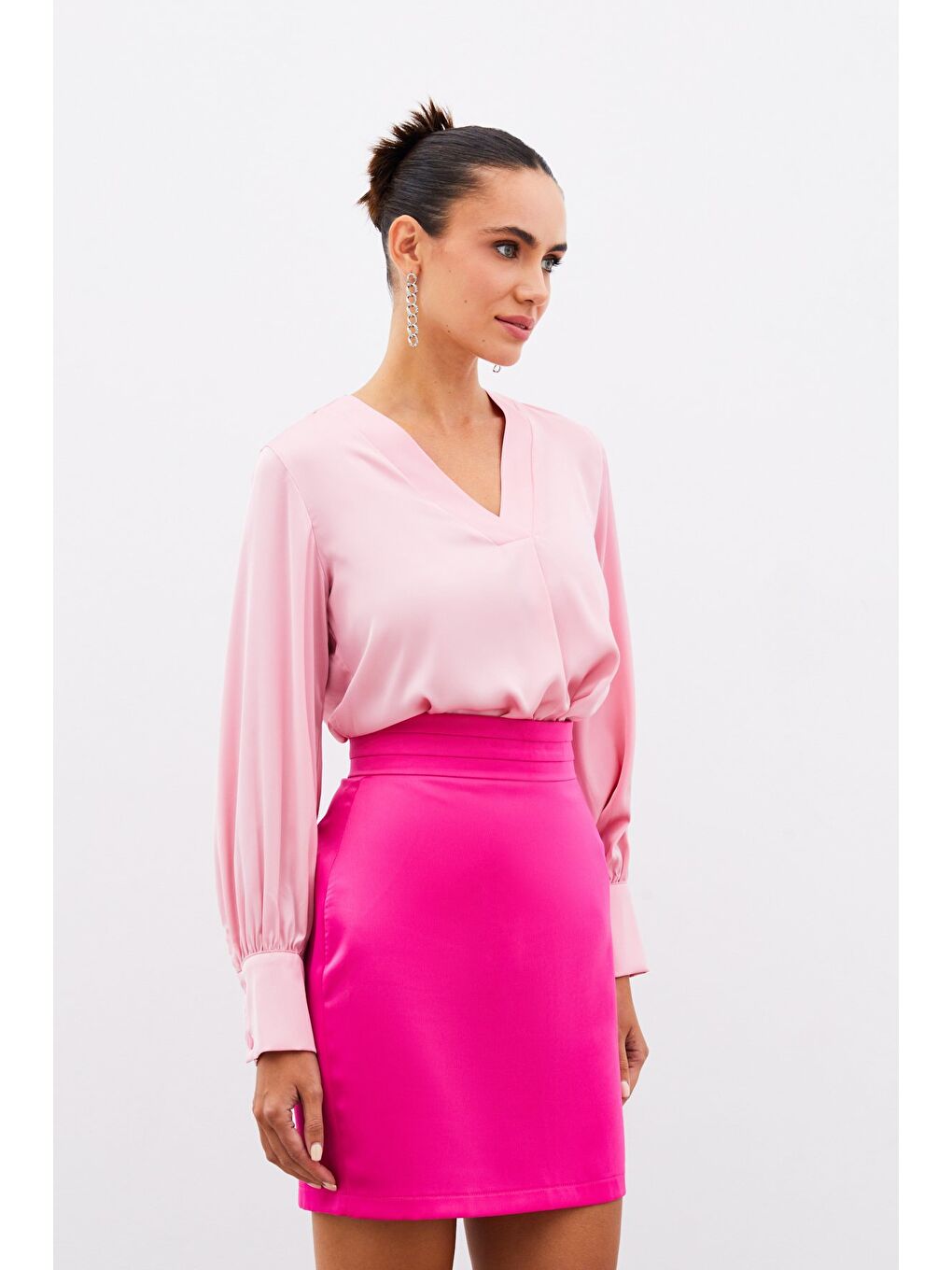 V Yaka Saten Bluz - Pembe-1