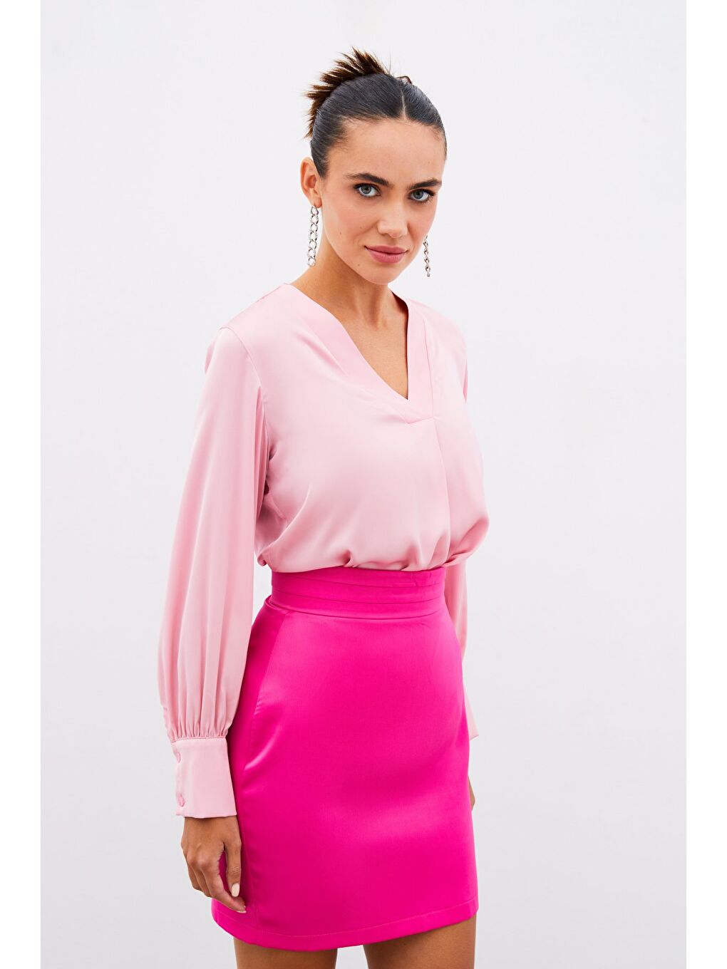 V Yaka Saten Bluz - Pembe-2