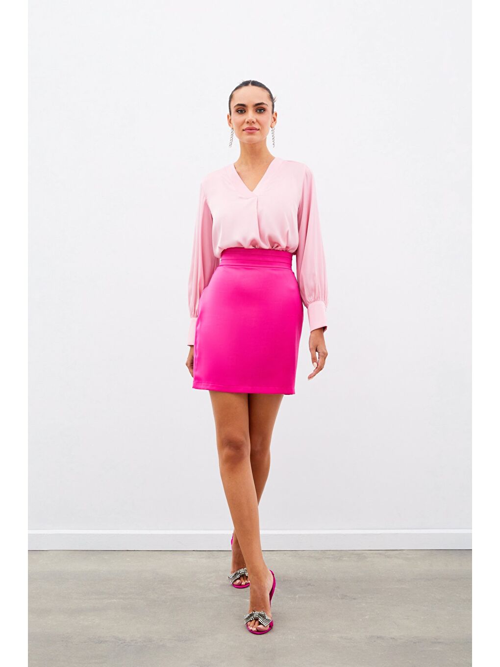 V Yaka Saten Bluz - Pembe-6