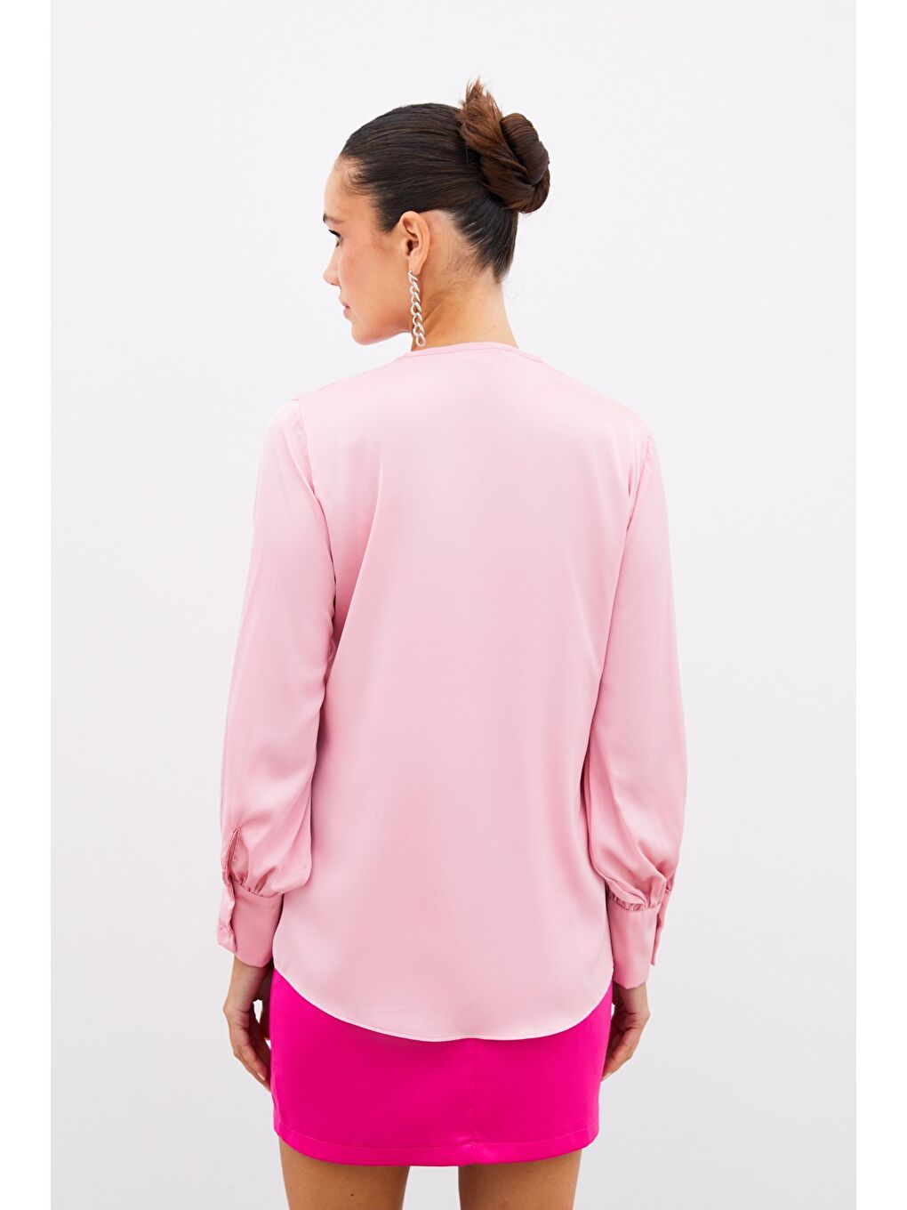 V Yaka Saten Bluz - Pembe-7