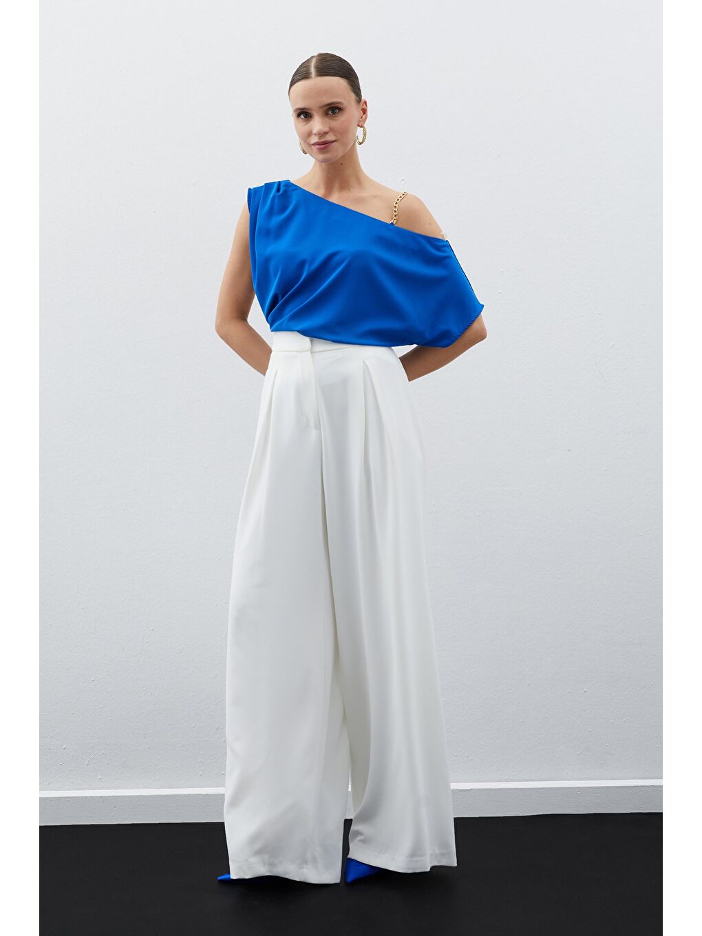 Düşük Omuzlu Salaş Bluz - Sax Mavi-1