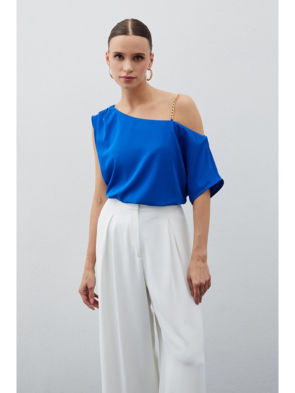 Düşük Omuzlu Salaş Bluz - Sax Mavi-3